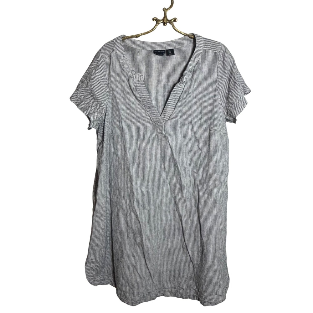 Tahari Womens 1X Blue White Striped 100% Linen Short Sleeve V-Neck Shift Dress